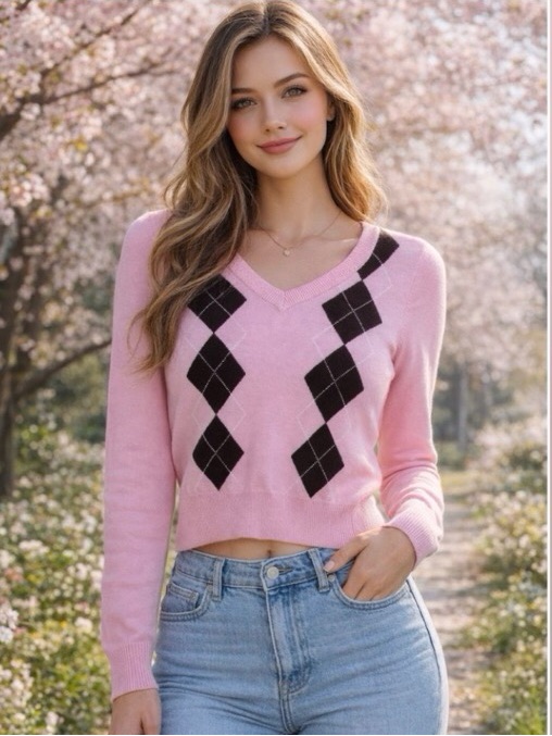 Cropped Pink Argyle V-Neck Size M Junior